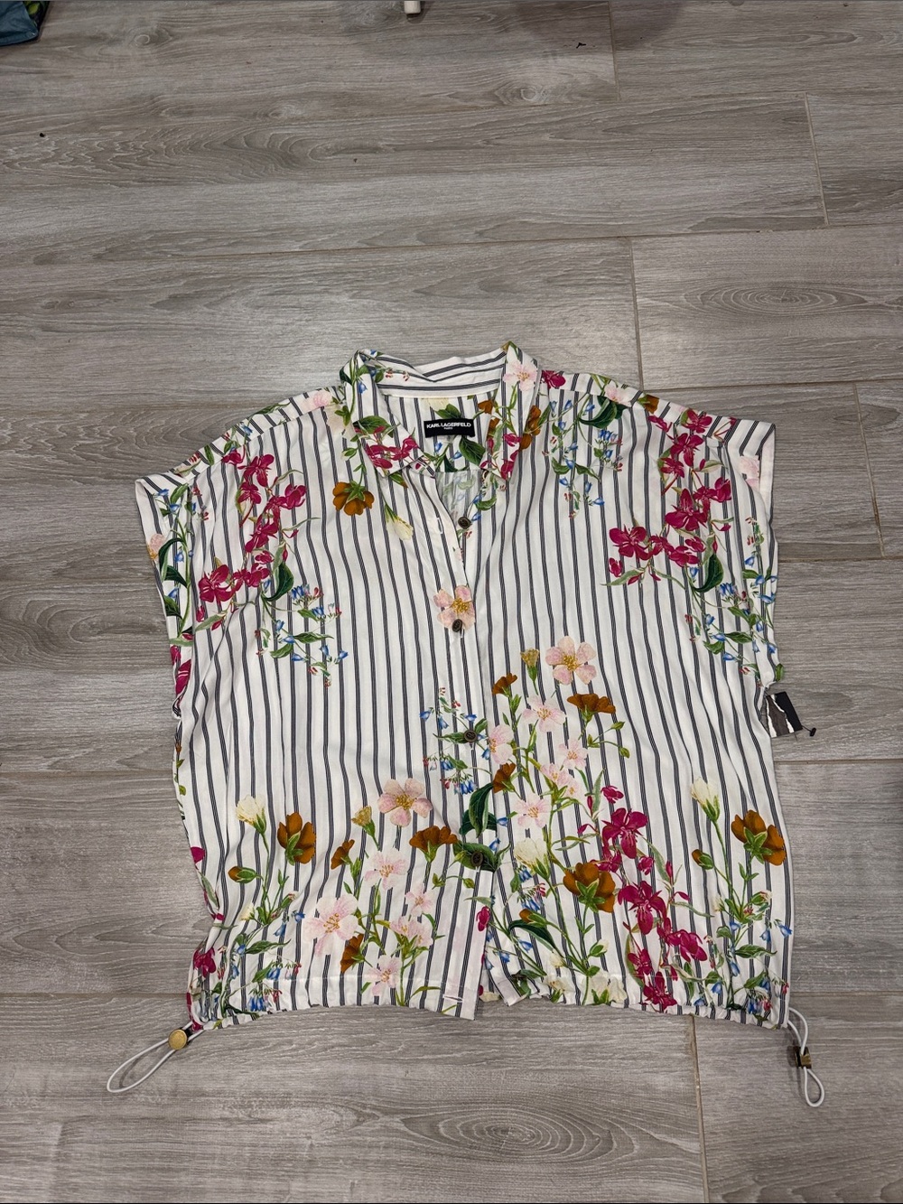 Karl Lagerfeld Floral Stripe Short-Sleeve Button Front Top - White/Multi XL